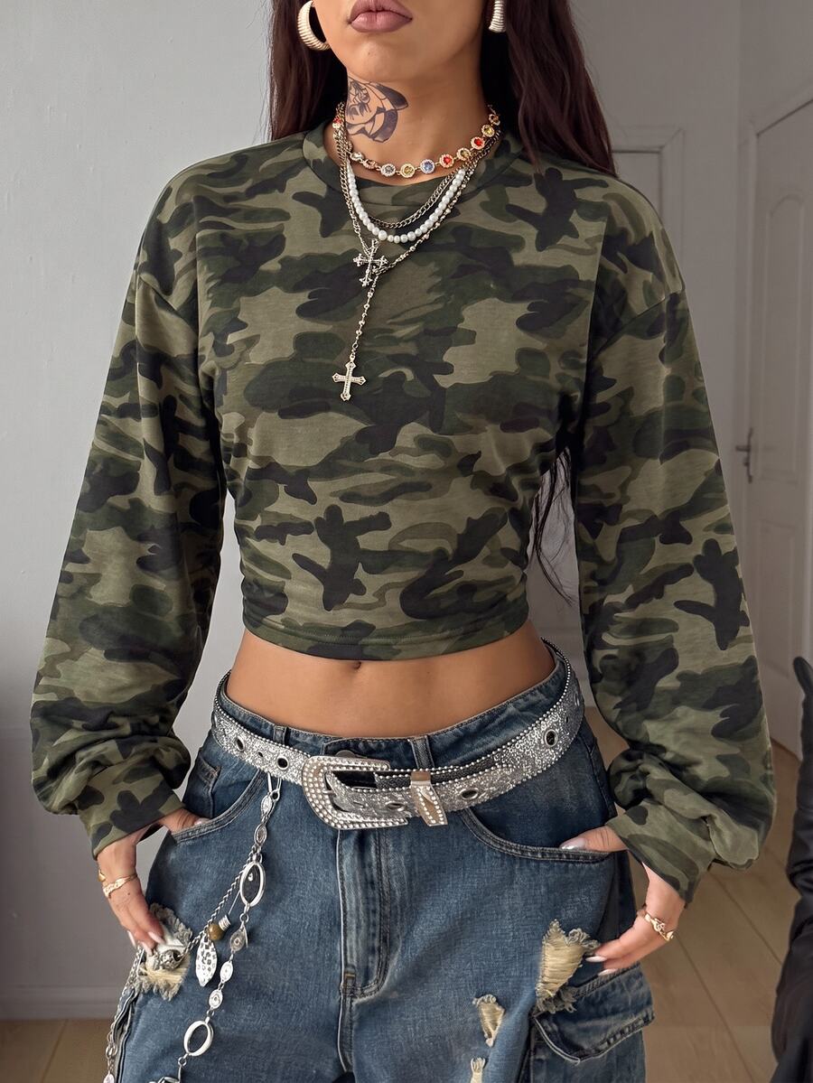 Coolane 女款休閒極簡日常百搭派對聚會機場穿搭 Y2K 上衣，軍綠迷彩運動衫，女款秋季服飾，秋季穿搭，女款通勤穿搭，百搭上衣，外出穿搭，機場穿搭 - 白色 - 查看 1