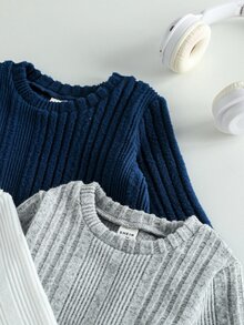 SHEIN 男嬰 0-3歲 3件套運動衫套裝，米色、灰色、海軍藍百搭色，柔軟不對稱羅紋圓領長袖運動衫，適合上學、玩耍、購物等多種場合 - 彩色 - 查看 4