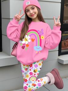 Tween女孩休閒可愛俏皮卡通花卉臉孔、彩虹、昆蟲、蝴蝶圖案圓領長袖衛衣與內搭褲2件套，適合秋冬，秋季新款，Kawaii舒適秋冬風格 - 彩色 - 查看 1