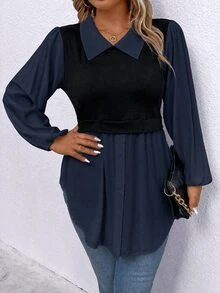 Calvaya Plus Size Women's Colorblock Patchwork Long Sleeve Top - Blue - View 4