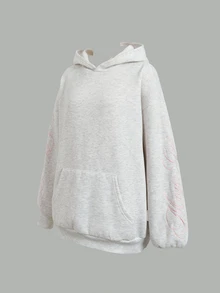 SHEIN 青少年女孩淺灰色針織粉色字母刺繡秋季運動休閒衛衣 Y2K 灰色運動風衛衣 - 淺灰色 - 查看 14