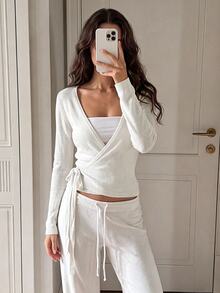 Autumina Women's Streetwear Spring Summer Autumn Solid Color Y2K Minimalist Sexy Style Cinched Waist Tie-Up Sexy Knit Casual Slimming Long Sleeve Cardigan - White - View 5