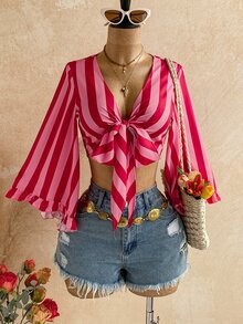Soleia Women's Striped Front Knot Bell Sleeve Fashion Cropped Shirt - Pink - View 5