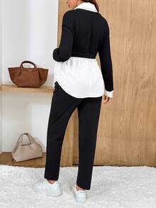 SHEIN Maternity Colorblock Patchwork Shirt And Pants 2 Pieces Set Fall - Black and White - View 2