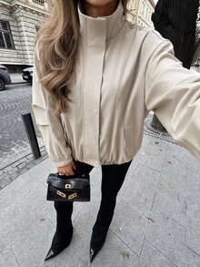 Avenya Women's Solid Color Stand Collar Fashion Versatile Daily Casual Long Sleeve Jacket - Khaki - View 3