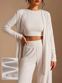 SHEIN BASICS Women's Solid Color Inner Layer And Long Sleeve Cardigan And Long Pants Casual Daily Three-Piece Pack Lounge Light Beige Autumn Lounge - Dusty Pink - View 2