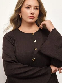 Maija Plus Size Women's Button Design Round Neck Flared Sleeve Fashion Blouse - Brown - View 6