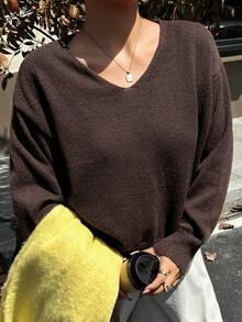 Dazy Plus Solid Color Loose Long Sleeve V-Neck Sweater Autumn/Winter New Brown - Brown - View 8