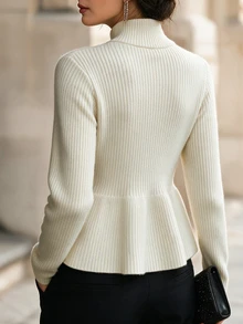 SHEIN Christmas Snowflake Jacquard Turtleneck Sweater Petal Sleeve Red Knit Pullover - Beige - View 2
