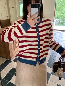 Dazy Plus Contrast Stripe Round Neck Fun Casual Versatile Cardigan Sweater Autumn/Winter New - Red - View 3