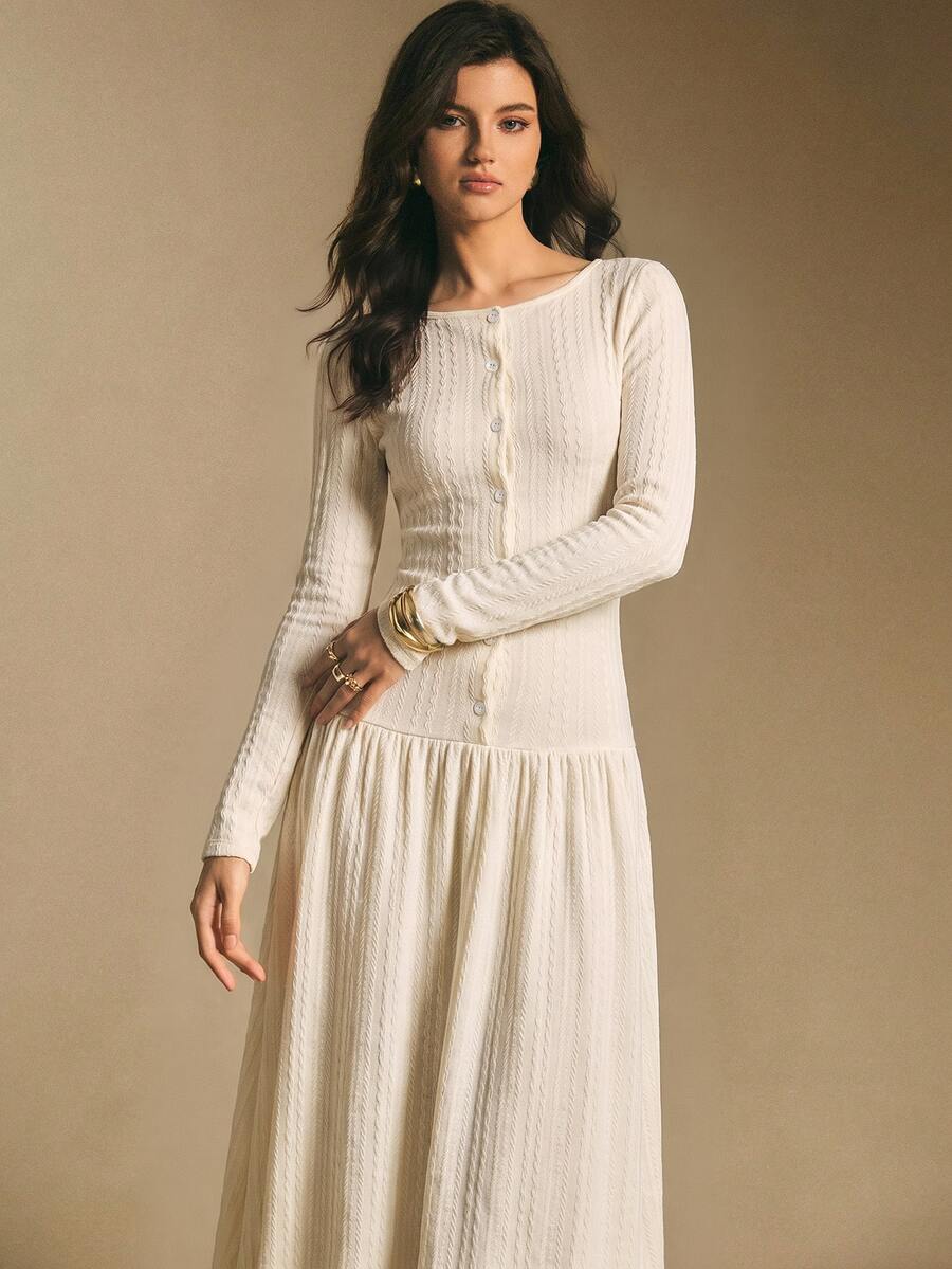 Poéselle 女款純色圓領長袖單排扣休閒洋裝 - 白色 - 查看 1