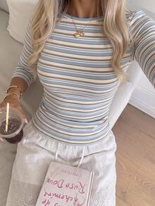 SHEIN EZwear 休閒極簡風 95% 棉性感露肩奶油黃條紋短袖 T 恤，適合春夏穿搭，奶油黃條紋顯白，夏季上衣，適用日常通勤、約會、聚會，秋冬春夏通用，聖誕節、新年、感恩節、派對、婚禮、海灘、畢業典禮，時尚款 - 彩色 - 查看 3