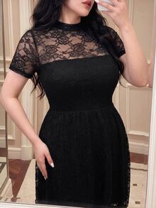Vibekara Fashionable Elegant High Neck Mesh Elastic Dress - Black - View 3