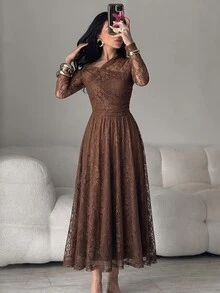 Modelyn Women's Elegant Solid Color Lace Dress - Coffee - View 1