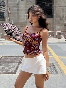 Aloruh 女款新款日常街頭風性感蕾絲與亮片拼接細肩帶背心上衣 - 酒紅色 - 查看 7