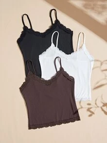 Lullawish Women's Comfortable Knit Jacquard Ribbed Lace Camisole Sleepwear Top 3pcs Set - Multicolor - View 1