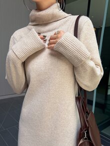 FRIFUL Women's Solid Color High Neck Long Sleeve Casual Knit Dress - Apricot - View 5
