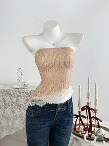 Elamini Women's Autumn/Winter Minimalist Sequin Elegant Color-Block Lace Asymmetrical Hem Tube Top, Suitable For Party And Date - Champagne - View 4