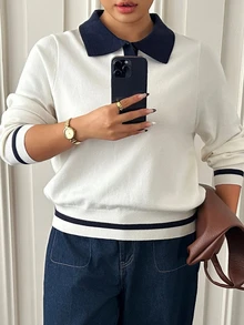 Livesso Contrast Color Patchwork Polo Collar Fun Commuter Business Casual Spring Autumn New Sweater Top - Beige - View 5