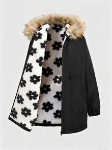 SHEIN 少女休閒花卉印花保暖內裡連帽派克夾克，秋冬返校穿搭 - 黑色 - 查看 3