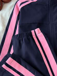 SHEIN 女童小女孩拼色條紋拉鍊外套配蝴蝶結、鬆緊腰長褲，復古套裝，日常穿著校園開學裝 - 藍色 - 查看 7