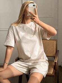 DAZY 夏季簡約 100% 純棉休閒短袖上衣與短褲 2 件套女款居家服 - 卡其色 - 查看 7