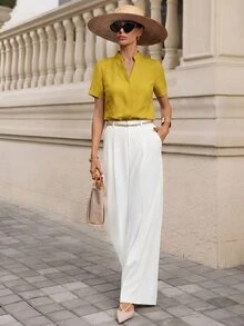 Editum Women's Short-Sleeved Mandarin Collar Linen-Like Tank Top, Versatile And Slimming For Commuting - Yellow - View 6