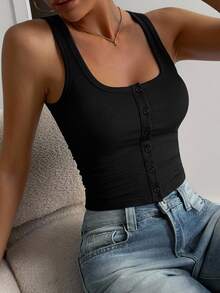 DAZY Women's Solid Color Square Neck Single-Breasted Fitted Casual Tank Top - Black - View 3
