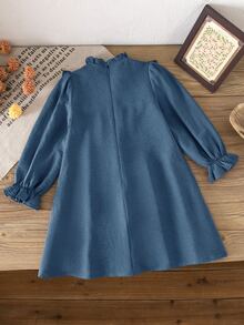 SHEIN Young Girl Woven Solid Color Floral Pattern Ruffle Hem Casual Dress - Blue - View 8
