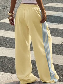 SHEIN 青少年女孩休閒時尚黃色針織寬腿休閒長褲 - 黃色 - 查看 2