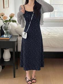 DAZY Women's Solid Color Long Sleeve Open Front Top And Ditsy Floral Cami Dress Elegant 2 Pieces Set Fall - Navy Blue - View 6