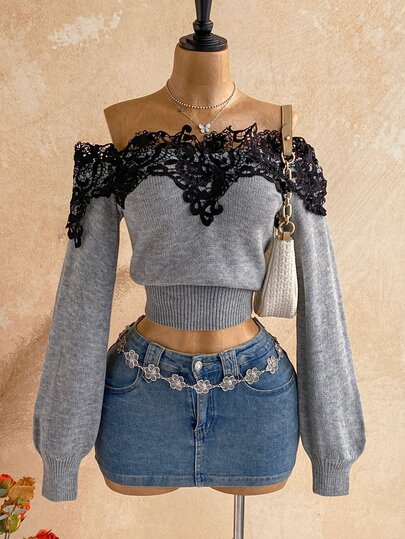 Soleia Damen Kontrast Spitze Off-Shoulder Langarm Mode Pullover