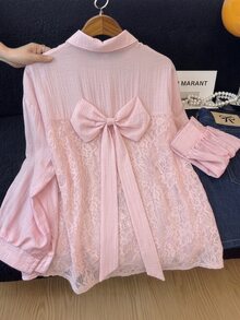 GlowEve CURVE Women's Lace Bowknot Pink Long Sleeve Plus Size Blouse - Pink - View 1