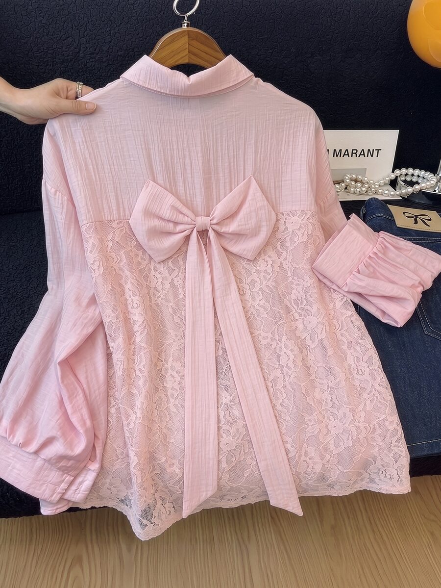 GlowEve CURVE Women's Lace Bowknot Pink Long Sleeve Plus Size Blouse - Pink - View 1