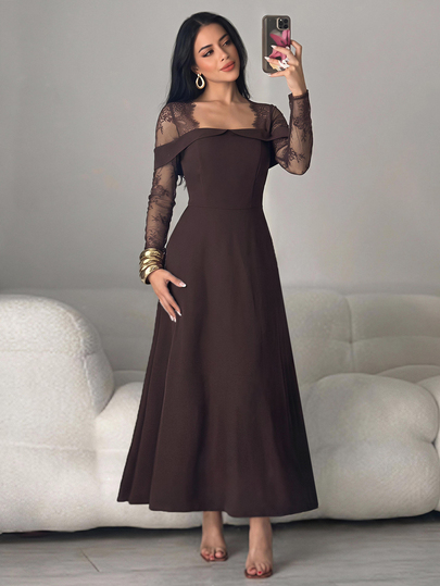 Modelyn Women's Contrast Lace Long Sleeve Elegant Dress