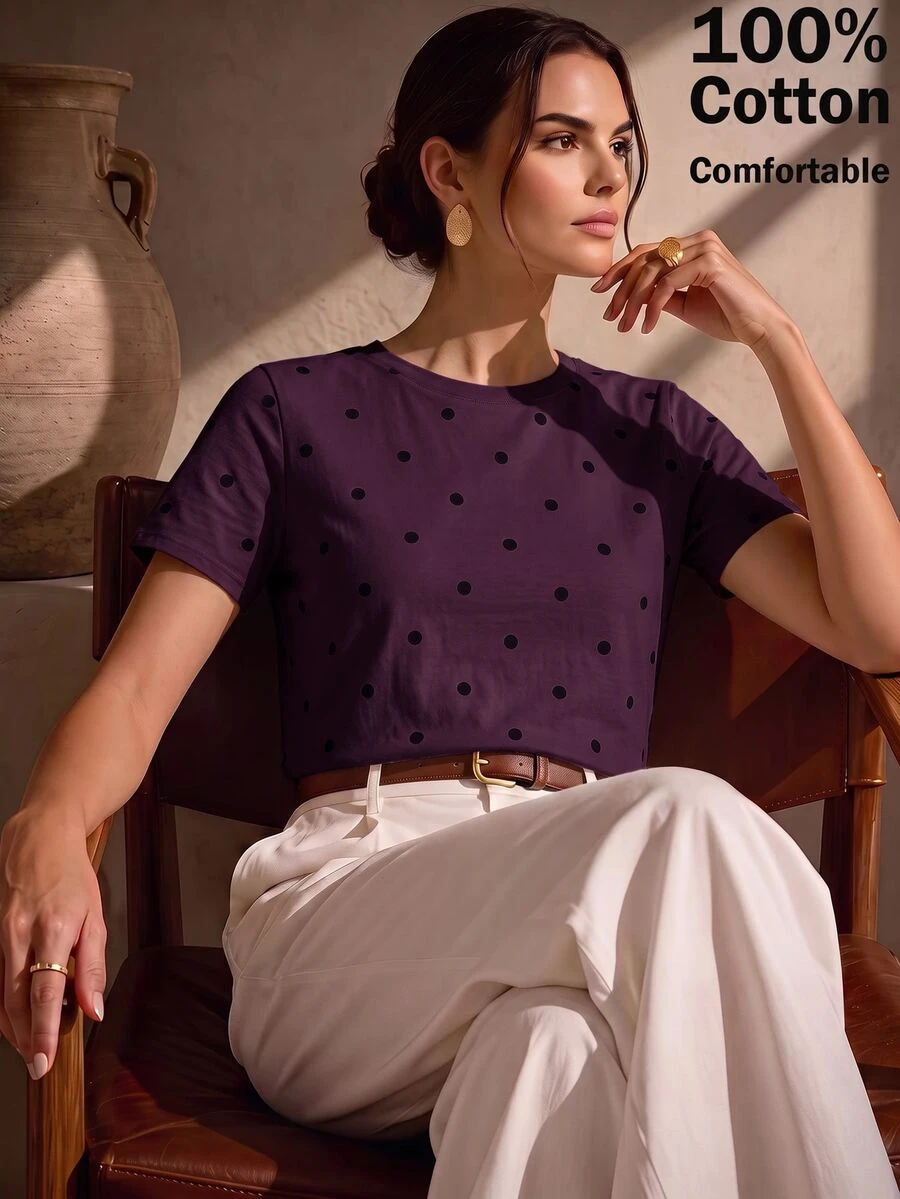 Anewsta Spring/Summer New Women's Summer Top Minimalist Polka Dot All-Match Versatile Short Sleeve T-Shirt - Purple - View 1