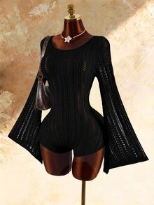 Amplova Jumpsuit nữ len dệt kiểu Boho mới, thắt dây trước, ôm dáng, hơi xuyên thấu - màu đen - Xem 2