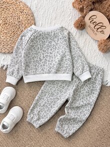 Baby Boy Cute Casual Sports Light Color Leopard Print Sweatshirt & Elastic Waist Long Autumn Pants Set - Light Grey - View 2