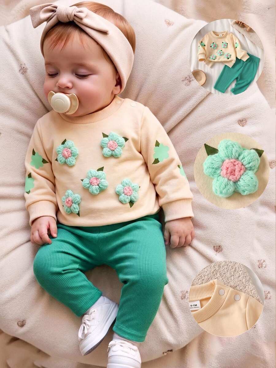 SHEIN Set Baju Sweatshirt dan Celana Panjang Bergaris Motif Bunga 3D Kasual Manis untuk Bayi Perempuan Baru Lahir - Hijau - View 1