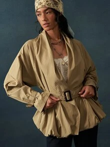 Bohemela Women's Solid Color Shawl Collar Long Sleeve Casual Jacket - Army Green - View 5
