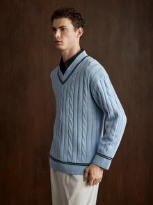 Manfinity CityGents 男士復古粗針編織V領長袖百搭毛衣 - 藍色 - 查看 4