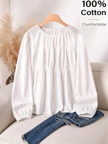 CosyJoli Plus Size Casual Versatile Solid Color Lantern Sleeve Shirt - White - View 7