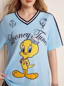 LOONEY TUNES X SHEIN Women's Casual Daily Short Sleeve Top With Letter & Cartoon Print - Blue - View 3