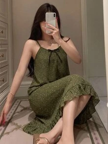 DAZY 女款碎花細肩帶荷葉邊中長洋裝睡裙 秋季 - 綠色 - 查看 5