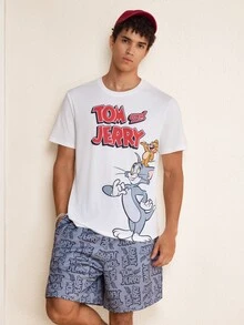 TOM & JERRY X SHEIN Men's Cartoon Print Short Sleeve T-Shirt And Pocket Shorts Set - White - View 1