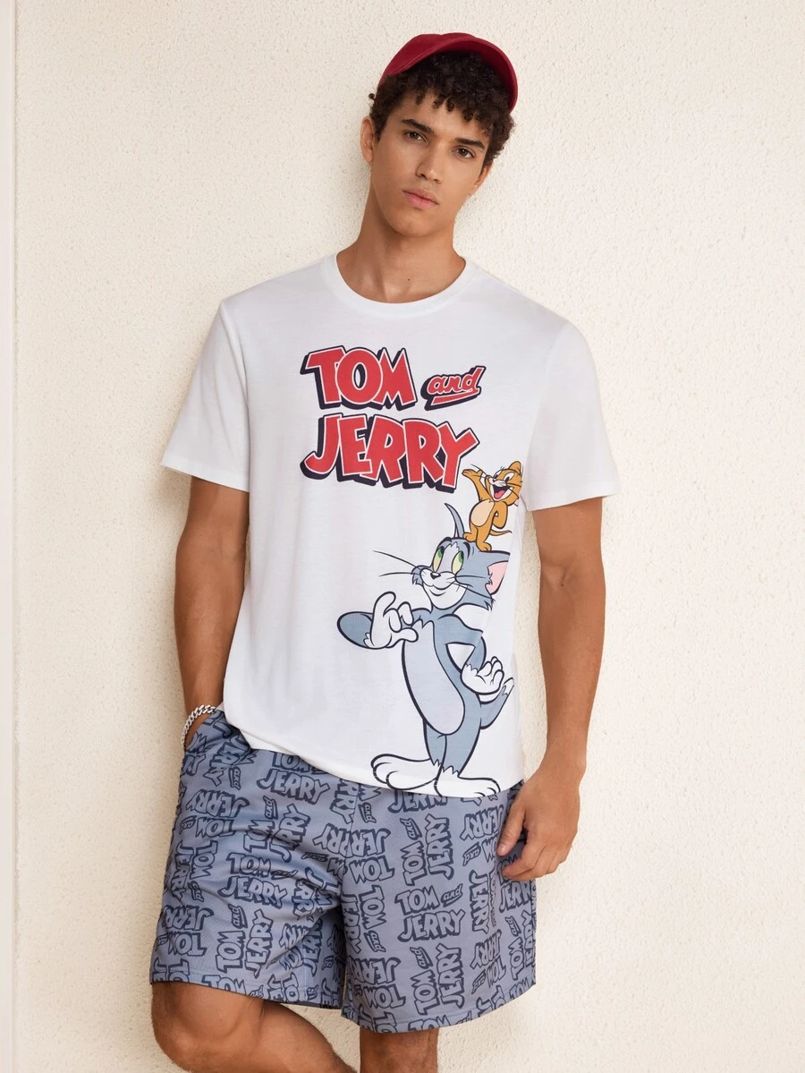 TOM & JERRY X SHEIN Men's Cartoon Print Short Sleeve T-Shirt And Pocket Shorts Set - White - View 1