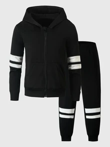 SHEIN 青少年男孩休閒拉鍊連帽衛衣與運動長褲2件套，適合日常穿著、通勤、運動 - 黑色 - 查看 1