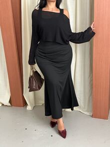 GalTyme Plus Size Women's Summer Asymmetrical Shoulder Long Sleeve Top And Tank Dress 2 Pieces Set - Black - View 3