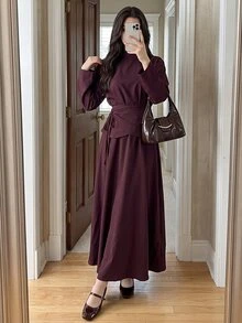 Solavon Women's Solid Color Round Neck Long Sleeve Side Knot Elegant Arabian Dress - Brown - View 4