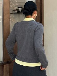 Dazy Plus Spring/Autumn New Colorblock Patchwork Layered Collar Button-Up Casual Versatile T-Shirt - Grey - View 2